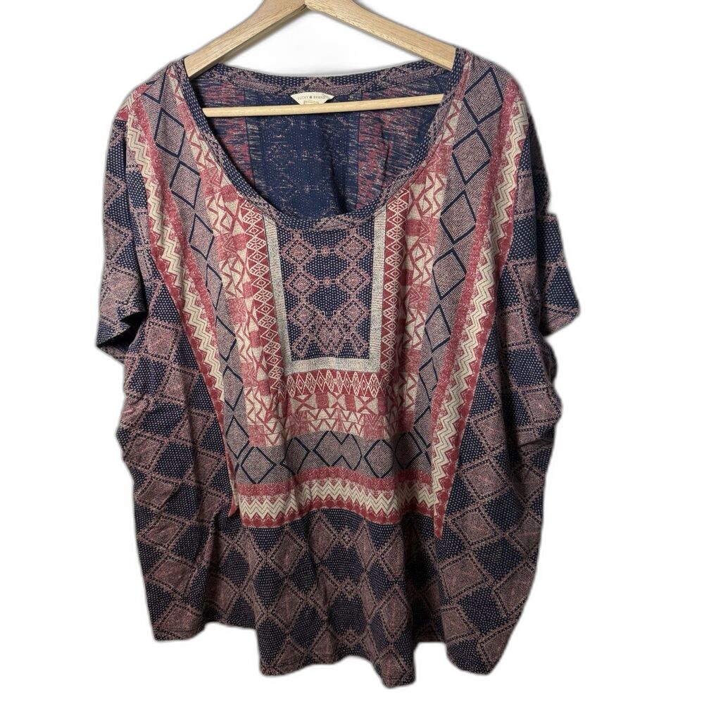 Lucky Brand Top Womens 3X Blue Short Sleeve Western Boho Artsy Aztec Boho Summer